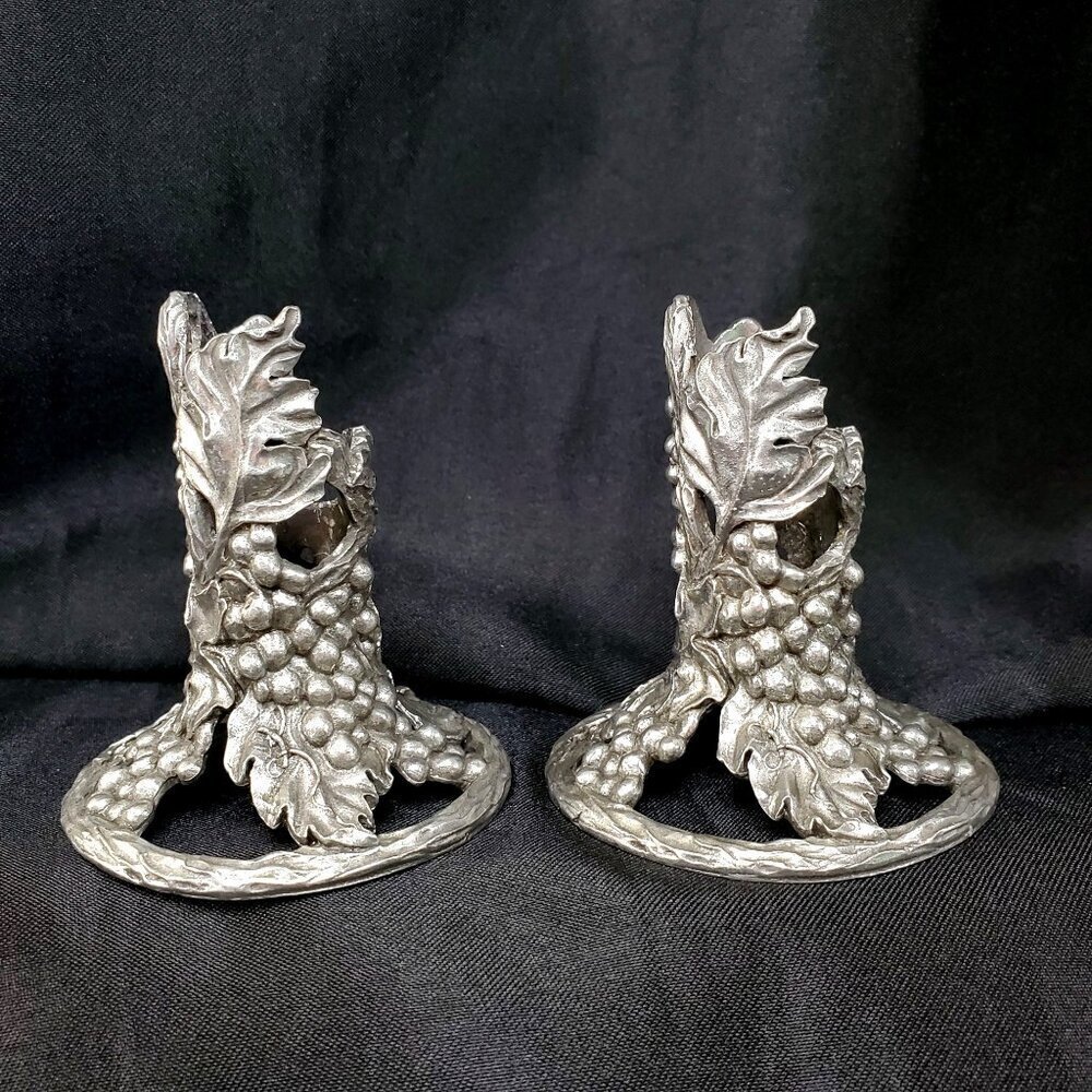Pair Of 1991 Grape Leaf Seagull Canada Etain Fine Pewter Taper Candle Holders